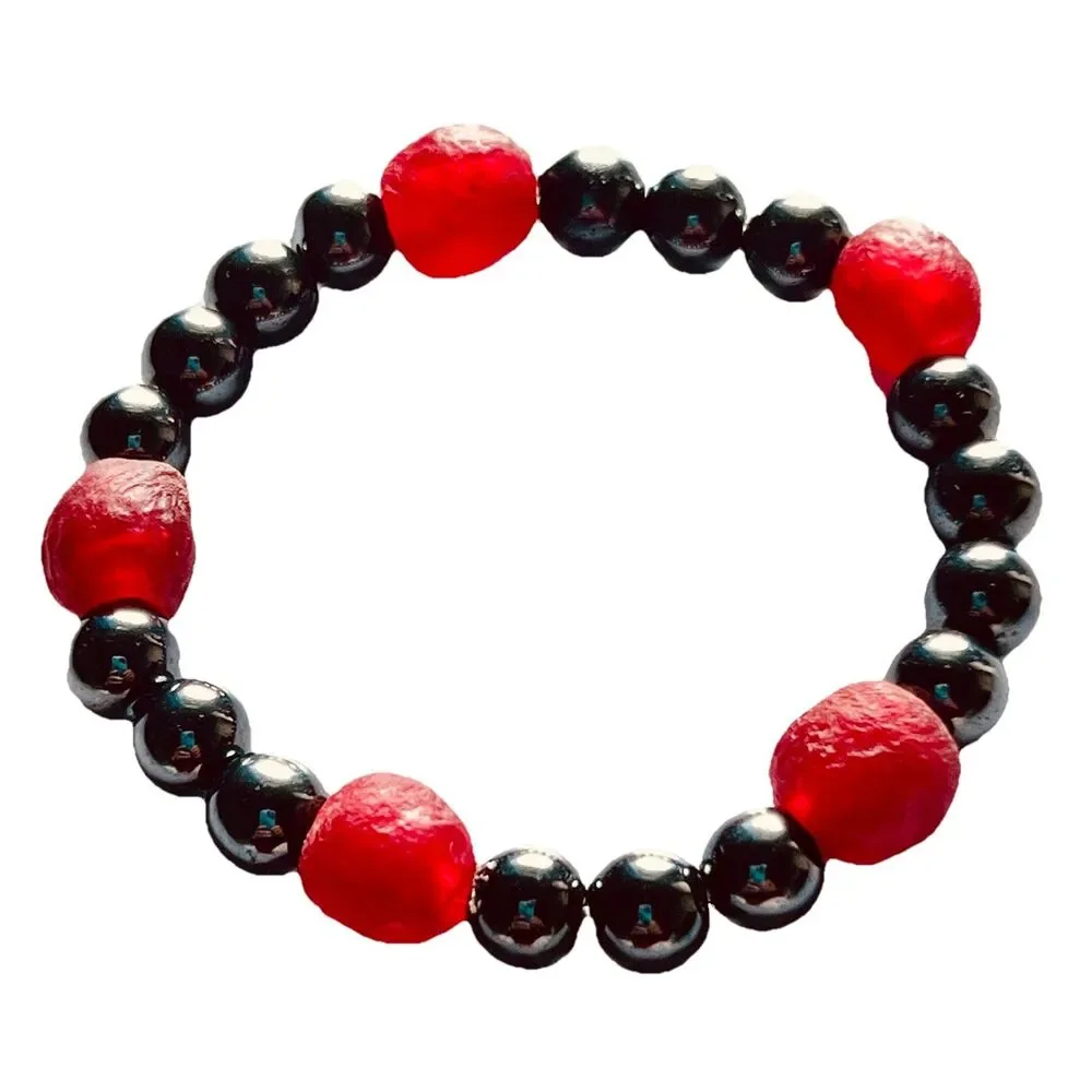 Hematite And Red African Glass Bead Stretch Bracelet 7.5